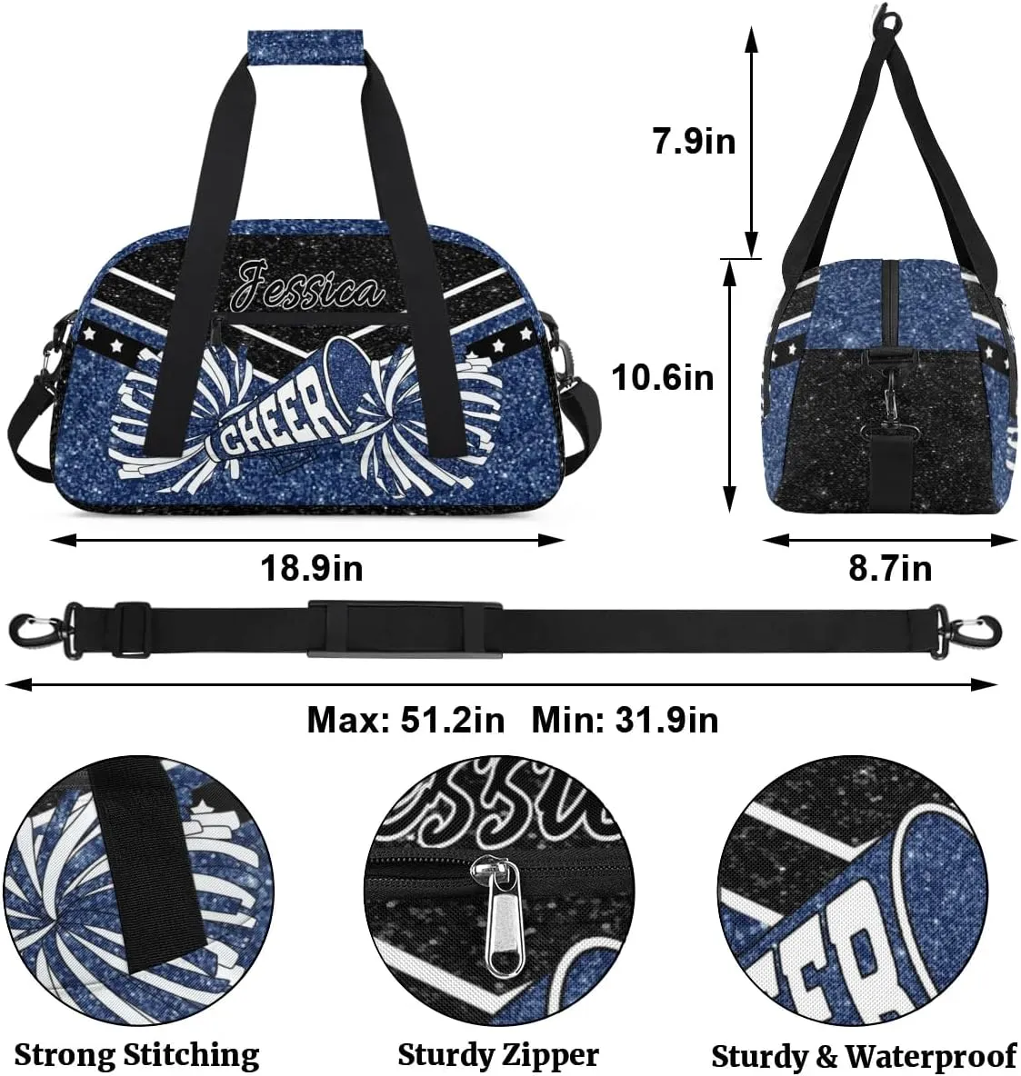 Personalized Cheer Sport Gym Duffel Bags Custom Cheerleadr Bag with Name, Customize Travel Duffle Bags, Overnight Weekender Bag Cheerleading Gifts, Dark Blue