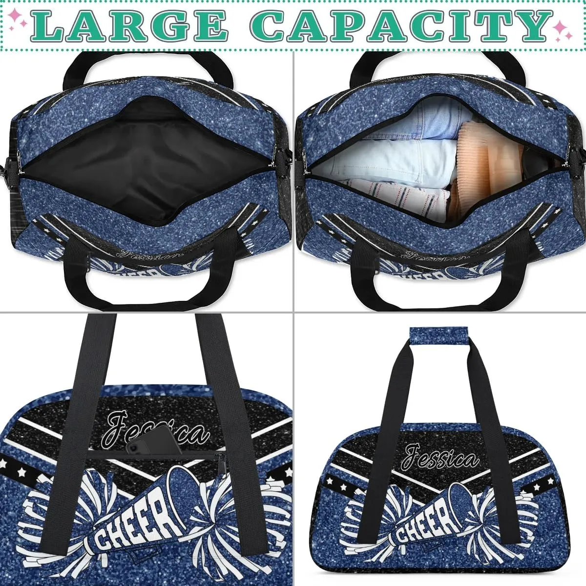Personalized Cheer Sport Gym Duffel Bags Custom Cheerleadr Bag with Name, Customize Travel Duffle Bags, Overnight Weekender Bag Cheerleading Gifts, Dark Blue