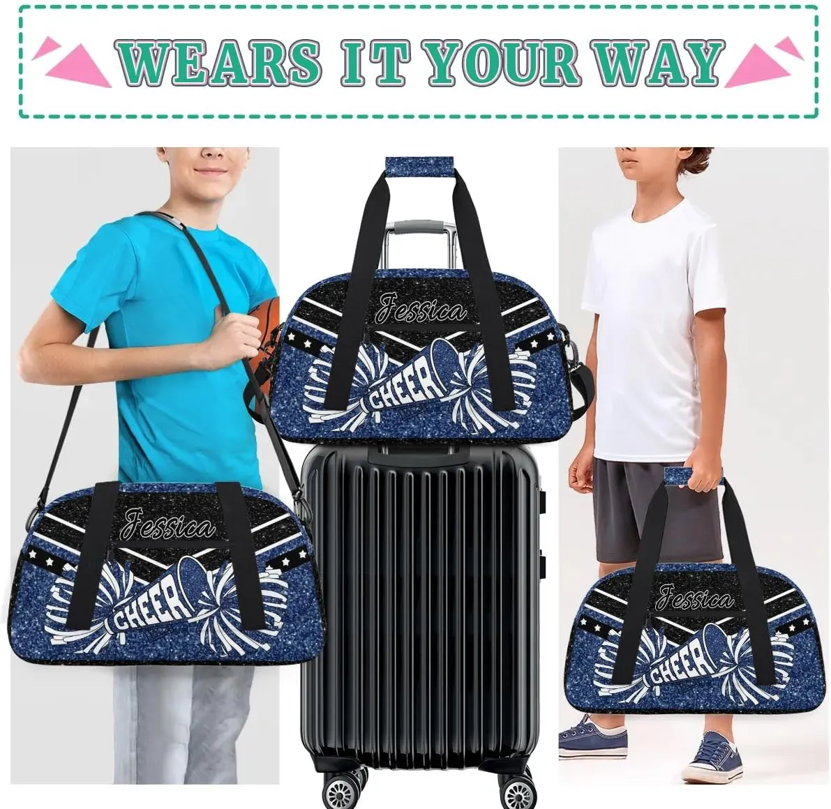 Personalized Cheer Sport Gym Duffel Bags Custom Cheerleadr Bag with Name, Customize Travel Duffle Bags, Overnight Weekender Bag Cheerleading Gifts, Dark Blue