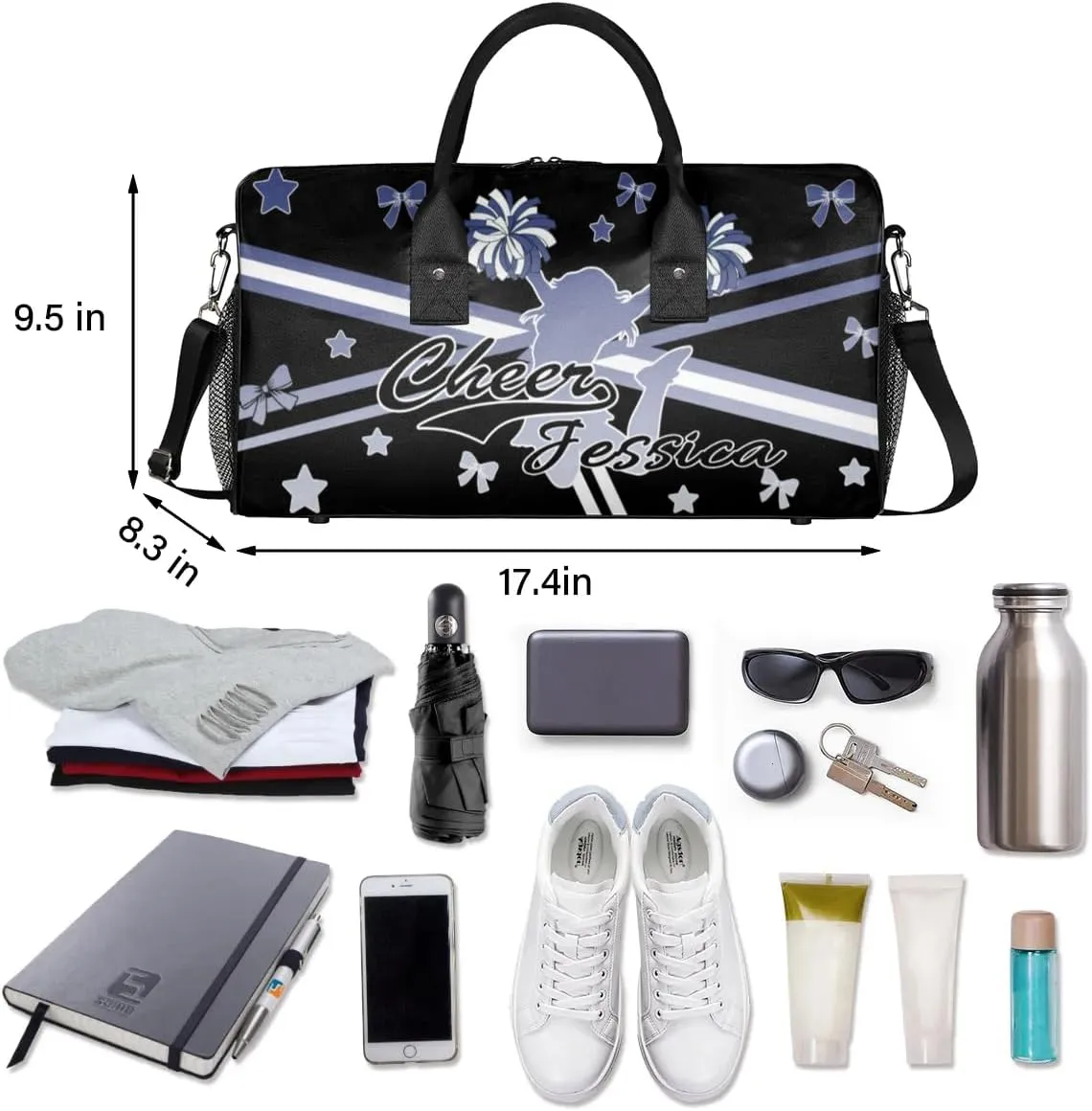 Personalized Cheer Sports Bag for Cheerleader, Cobalt Blue Gradient Custom Gymnastics Gym Duffel Bags Cheer Competition Gift with Your Name Ballet Dance Overnight Weekender Bag