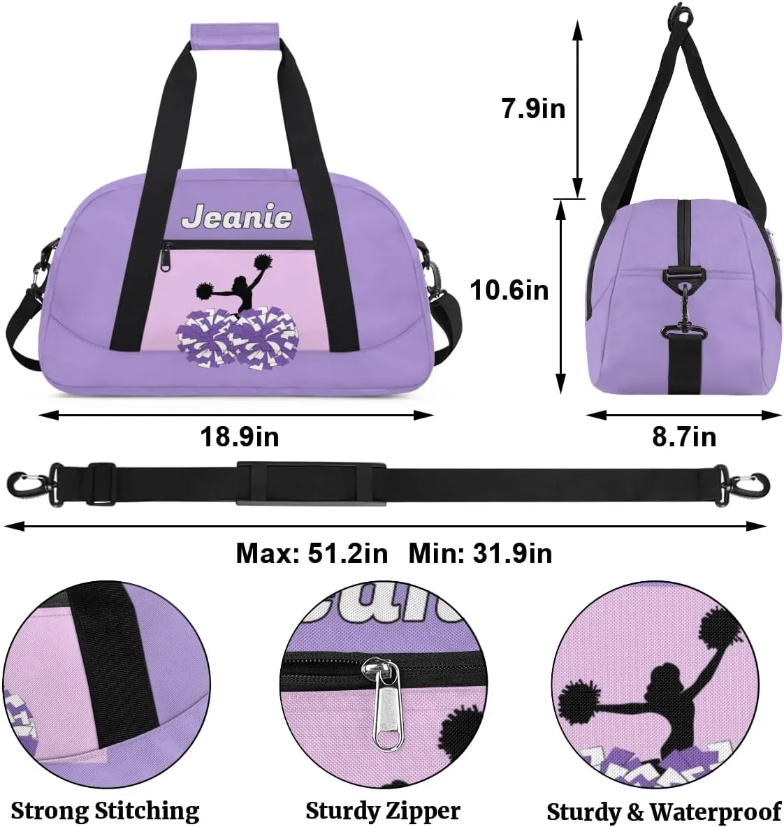 Personalized Cheerleader Bag Cheer Duffel Bag Customized Cheerleaders Bag with Your Name Travel Overnight Bag Gym Bag, Light Purple