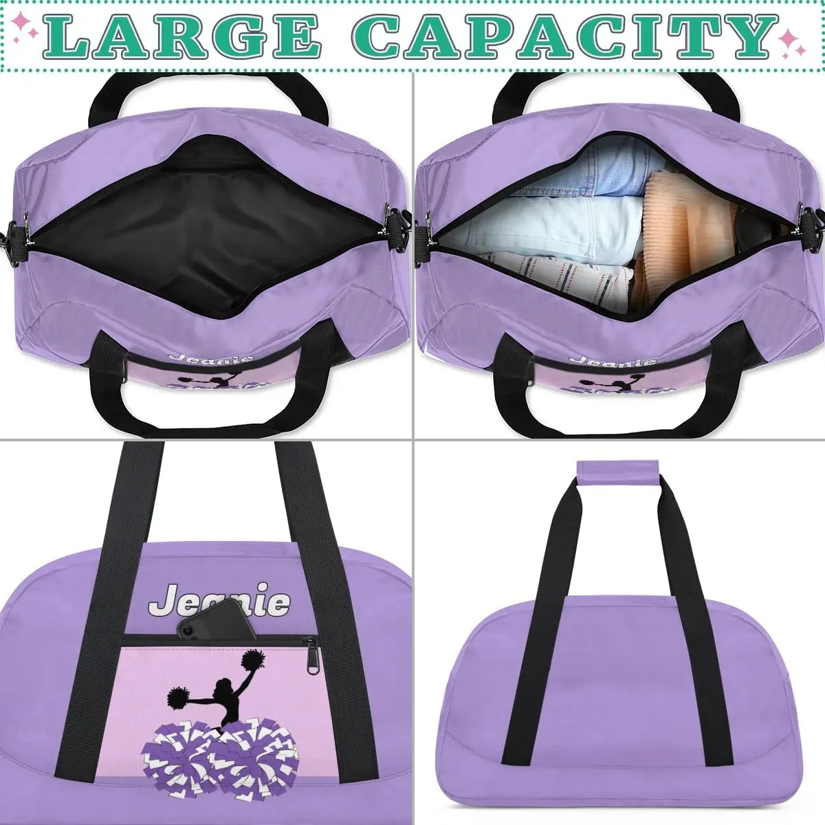 Personalized Cheerleader Bag Cheer Duffel Bag Customized Cheerleaders Bag with Your Name Travel Overnight Bag Gym Bag, Light Purple