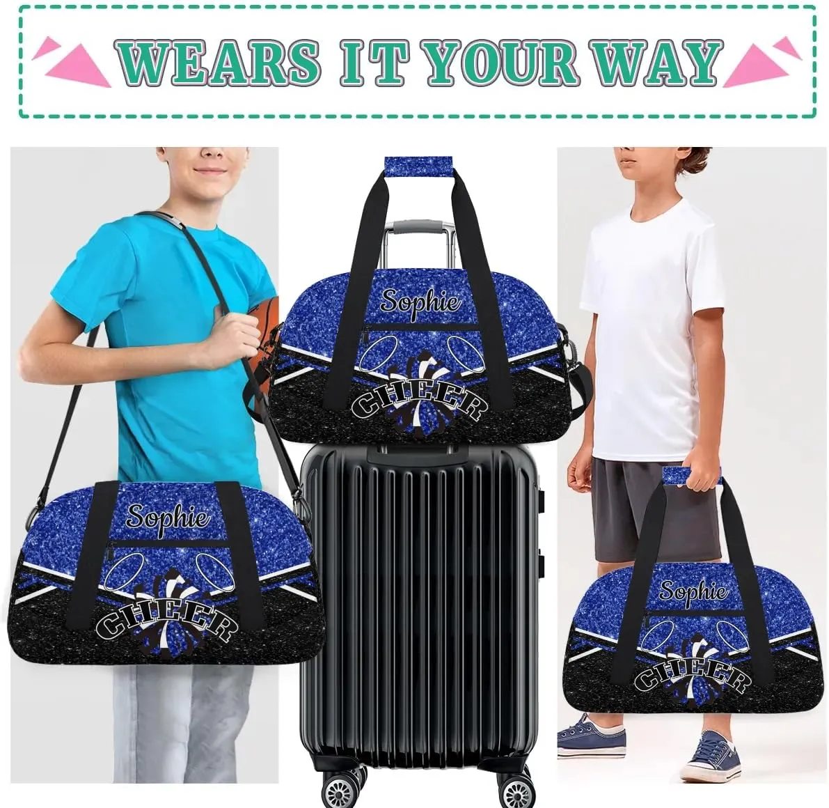 Personalized Cheerleader Bag Custom Cheer Sport Duffel Bags with Your Name Gymnastics Travel Bag Dance Bag Sleepover Weekender Bags, Blue