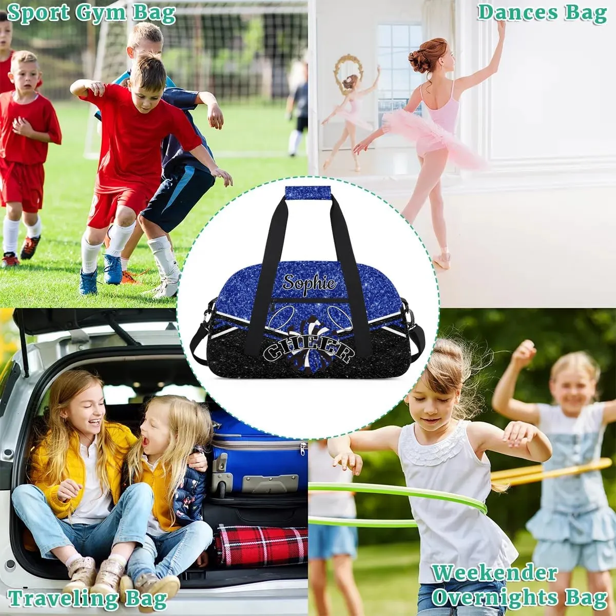 Personalized Cheerleader Bag Custom Cheer Sport Duffel Bags with Your Name Gymnastics Travel Bag Dance Bag Sleepover Weekender Bags, Blue