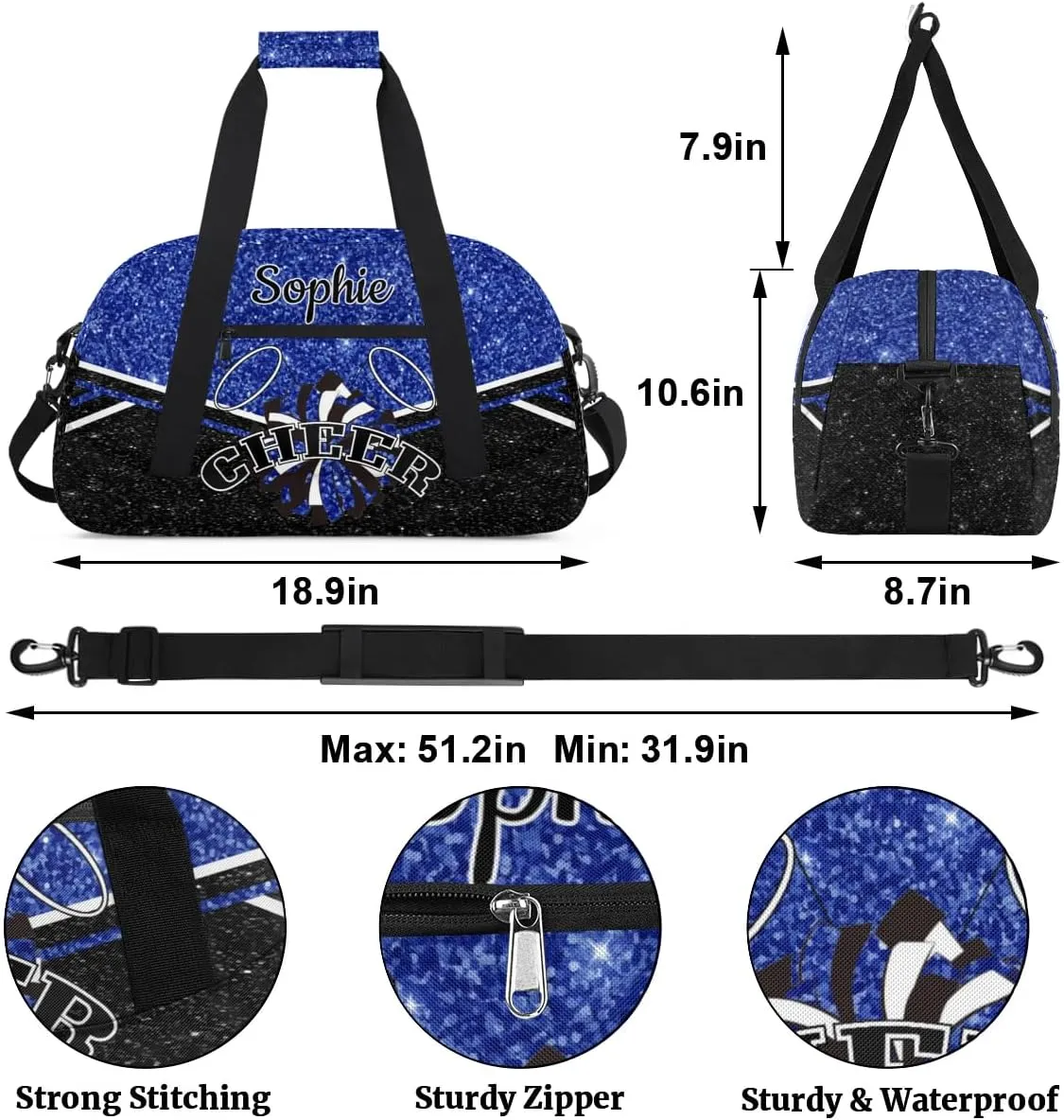 Personalized Cheerleader Bag Custom Cheer Sport Duffel Bags with Your Name Gymnastics Travel Bag Dance Bag Sleepover Weekender Bags, Blue