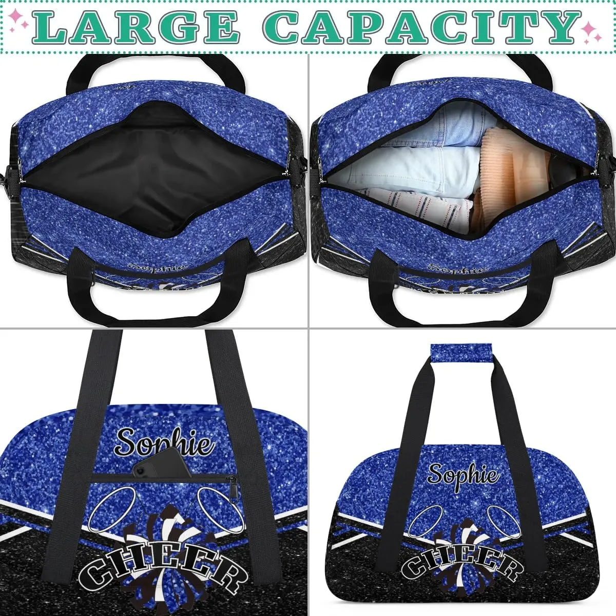 Personalized Cheerleader Bag Custom Cheer Sport Duffel Bags with Your Name Gymnastics Travel Bag Dance Bag Sleepover Weekender Bags, Blue