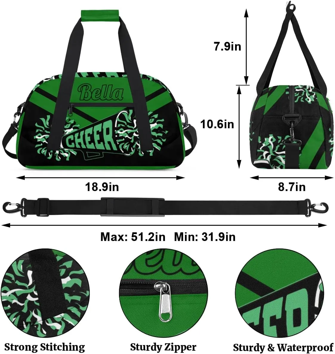 Personalized Cheerleader Bag Custom Sport Duffel Bags with Your Name Gymnastics Travel Bag Dance Bag Sleepover Weekender Bag, Green Black