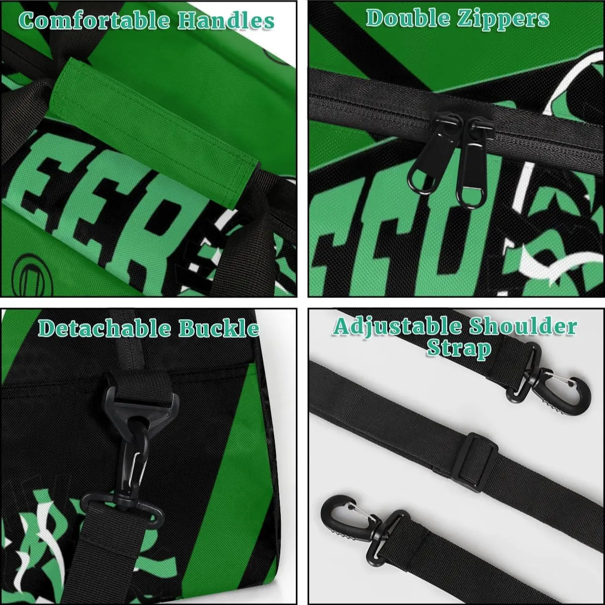 Personalized Cheerleader Bag Custom Sport Duffel Bags with Your Name Gymnastics Travel Bag Dance Bag Sleepover Weekender Bag, Green Black