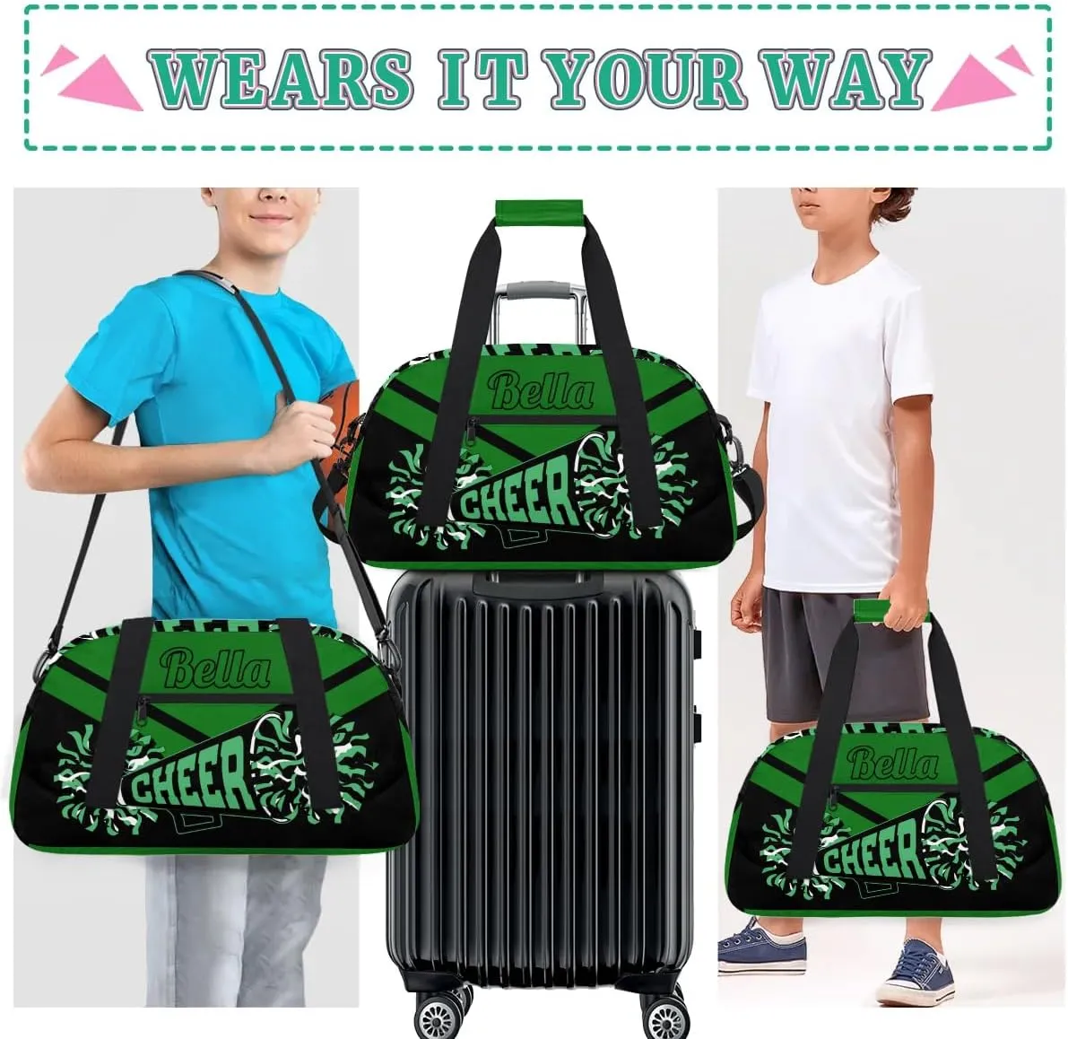Personalized Cheerleader Bag Custom Sport Duffel Bags with Your Name Gymnastics Travel Bag Dance Bag Sleepover Weekender Bag, Green Black