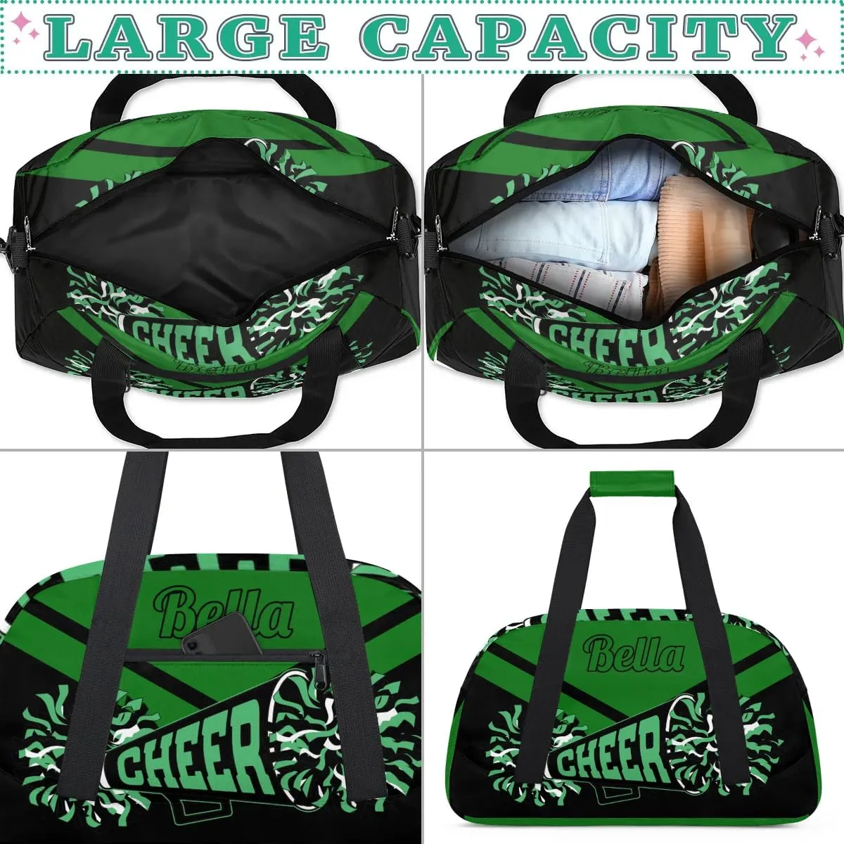 Personalized Cheerleader Bag Custom Sport Duffel Bags with Your Name Gymnastics Travel Bag Dance Bag Sleepover Weekender Bag, Green Black