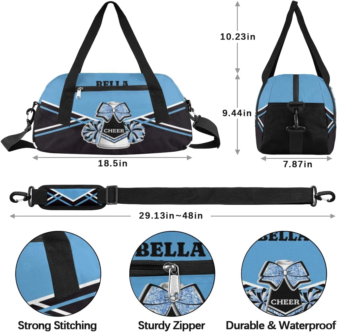 Personalized Cheerleader Bag Dance Bag for Girl, Custom Gym Bag Sport Duffel Bag, Weekender Bags Travel Duffel Bag Cheerleader Black Blue