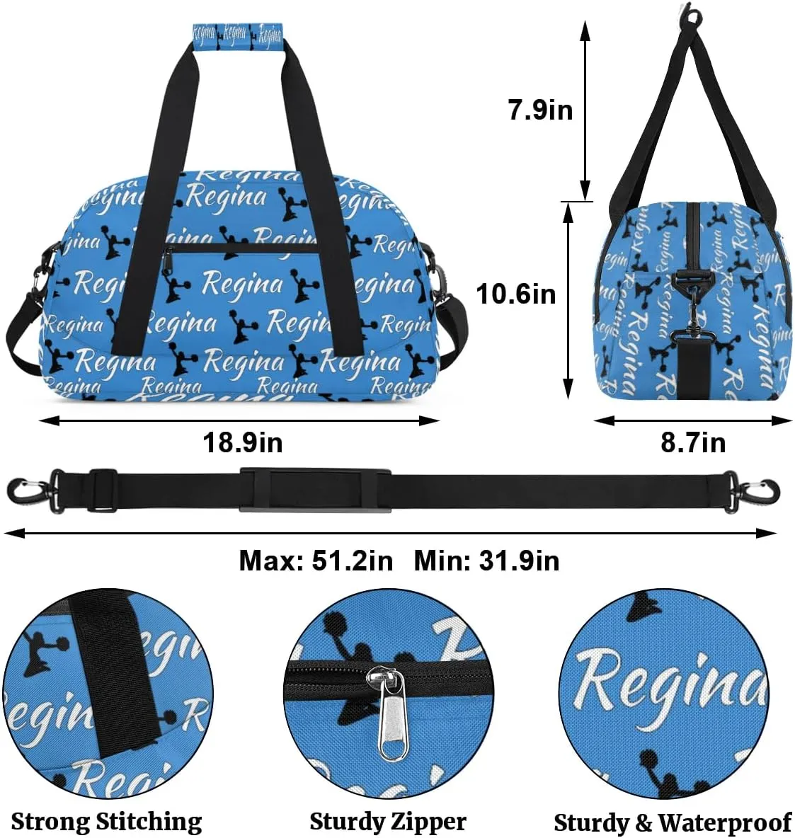 Personalized Cheerleader Bag Dance Bag for Women, Custom Gym Bag Sport Duffel Bags, Weekender Bags Travel Duffel Bag Cheerleader, Blue