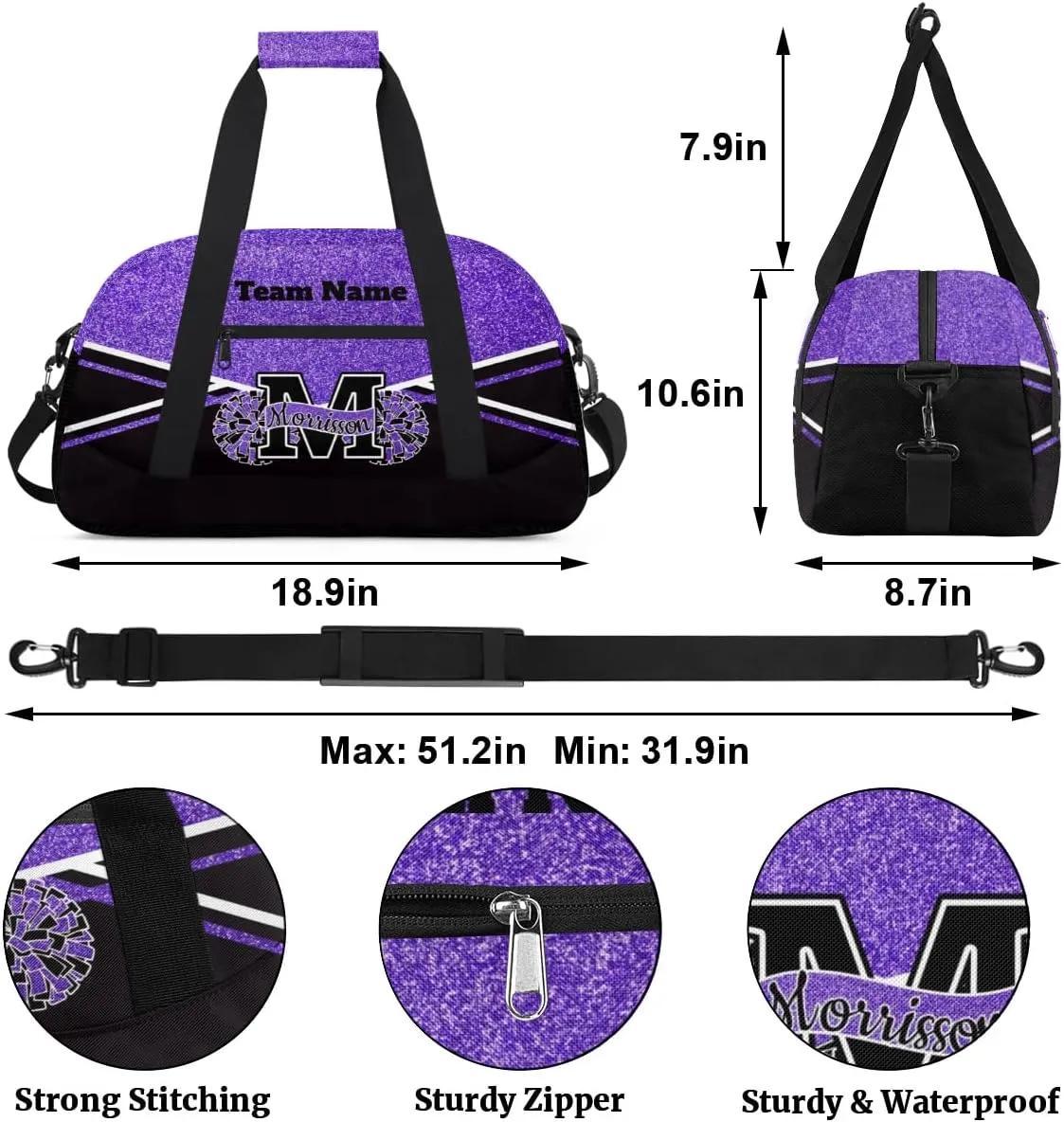 Personalized Cheerleader Bag Duffel Bag for Girls, Custom Cheer Bag Overnight Bags for Gymnastics Travel Weekender Dark Purple