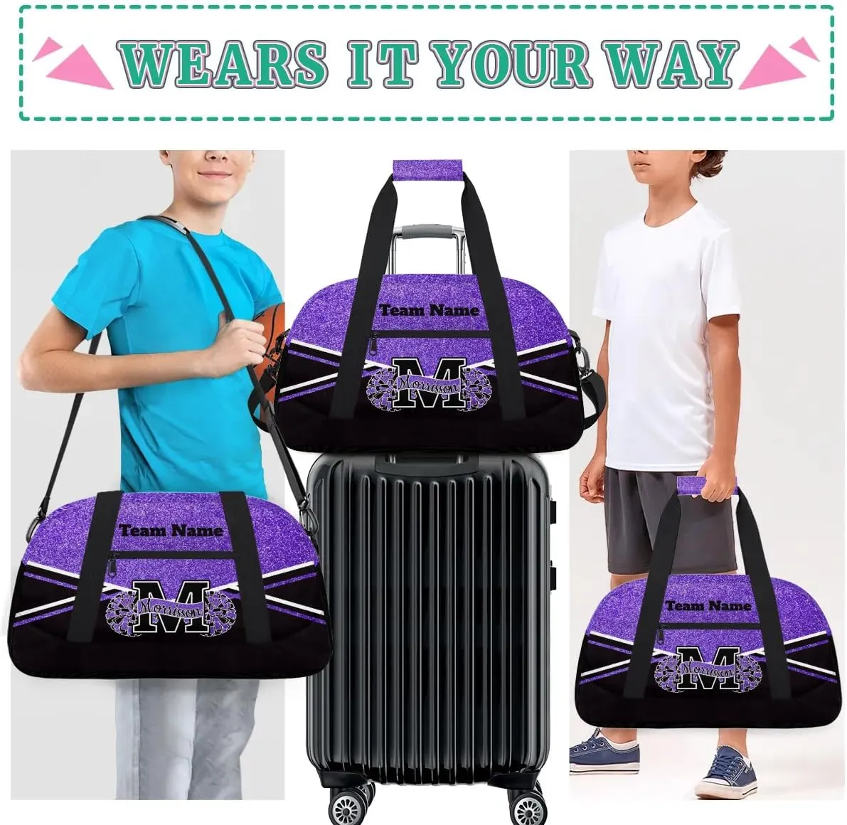 Personalized Cheerleader Bag Duffel Bag for Girls, Custom Cheer Bag Overnight Bags for Gymnastics Travel Weekender Dark Purple