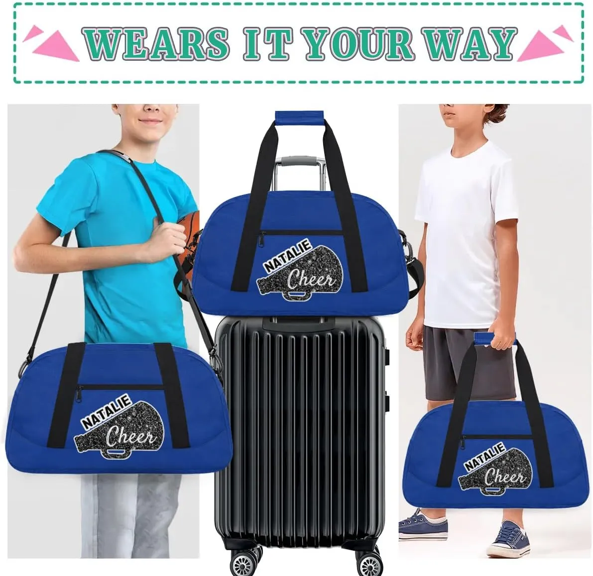 Personalized Cheerleader Sports Bag Custom Gymnastics Name Gym Duffel Bags Customized Cheer Ballet Dance Gift Overnight Weekender Bag, Cobalt Blue