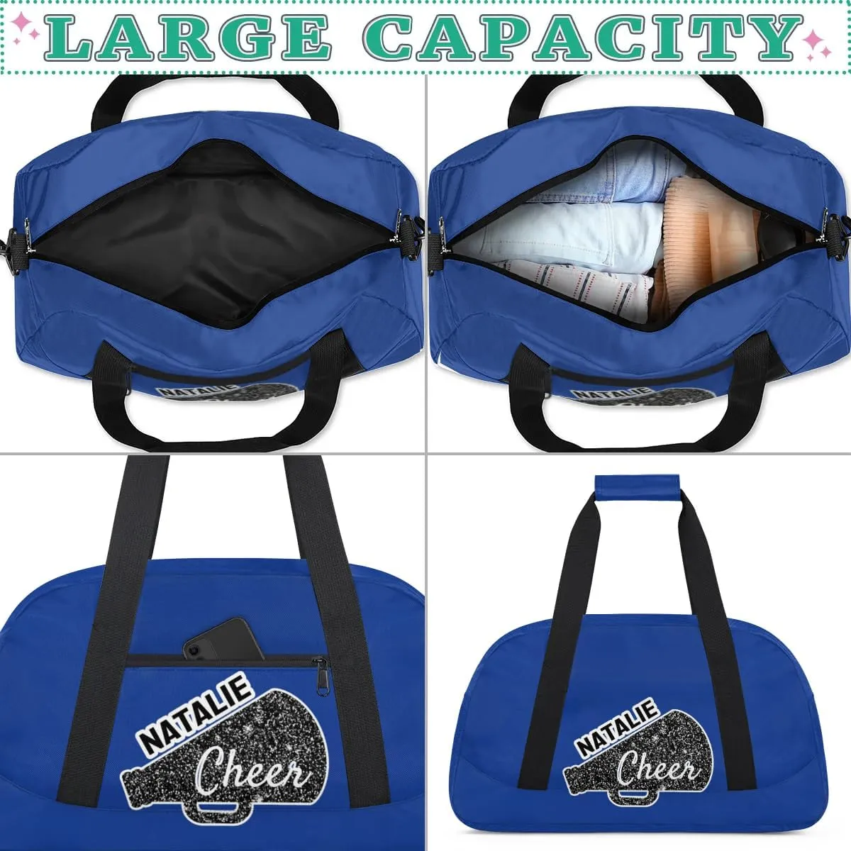 Personalized Cheerleader Sports Bag Custom Gymnastics Name Gym Duffel Bags Customized Cheer Ballet Dance Gift Overnight Weekender Bag, Cobalt Blue