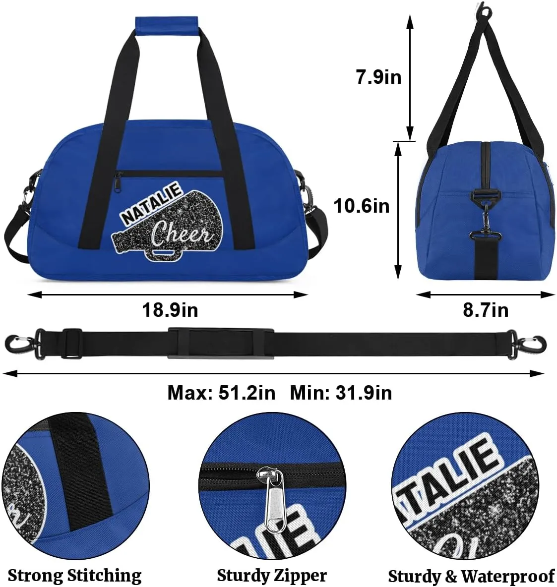 Personalized Cheerleader Sports Bag Custom Gymnastics Name Gym Duffel Bags Customized Cheer Ballet Dance Gift Overnight Weekender Bag, Cobalt Blue