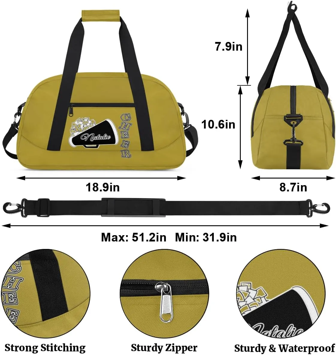 Personalized Cheerleader Sports Duffel Bags Custom Gymnastics Name Gym Dance Bags Customized Cheer Ballet Gift Overnight Weekender Bag, Brown