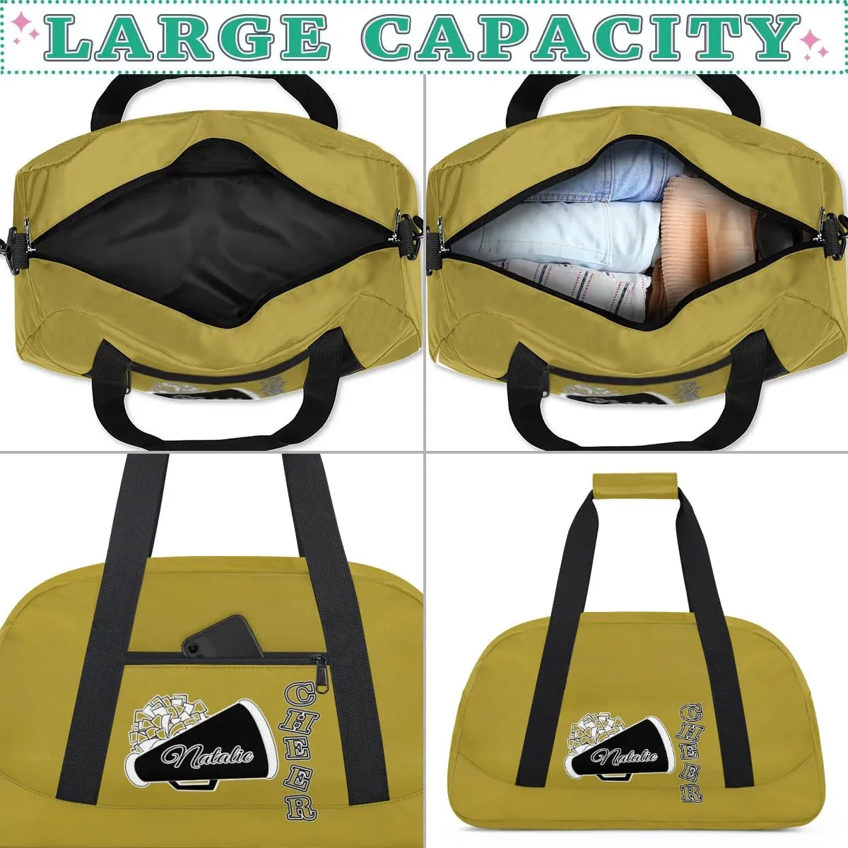 Personalized Cheerleader Sports Duffel Bags Custom Gymnastics Name Gym Dance Bags Customized Cheer Ballet Gift Overnight Weekender Bag, Brown