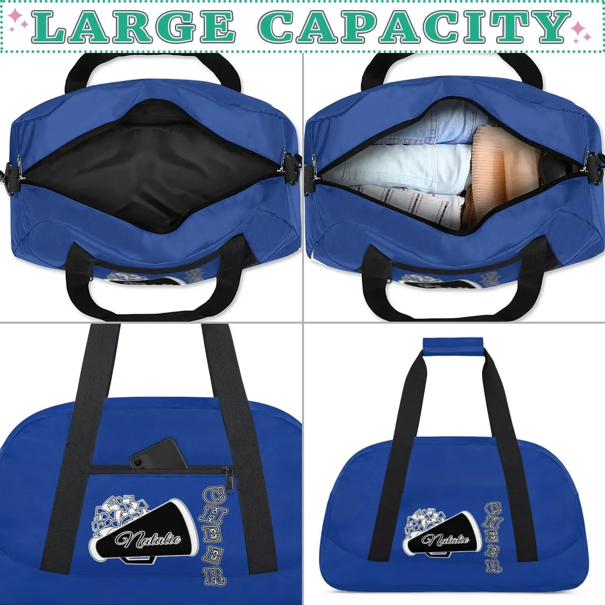 Personalized Cheerleader Sports Duffel Bags Custom Gymnastics Name Gym Dance Bags Customized Cheer Ballet Gift Overnight Weekender Bag, Cobalt Blue