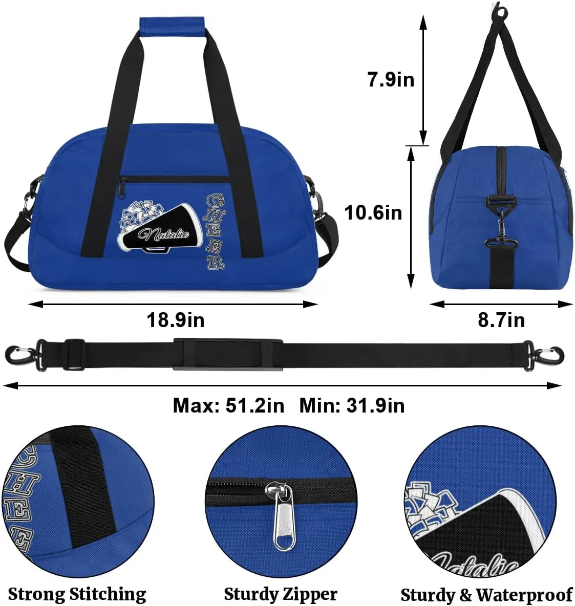 Personalized Cheerleader Sports Duffel Bags Custom Gymnastics Name Gym Dance Bags Customized Cheer Ballet Gift Overnight Weekender Bag, Cobalt Blue
