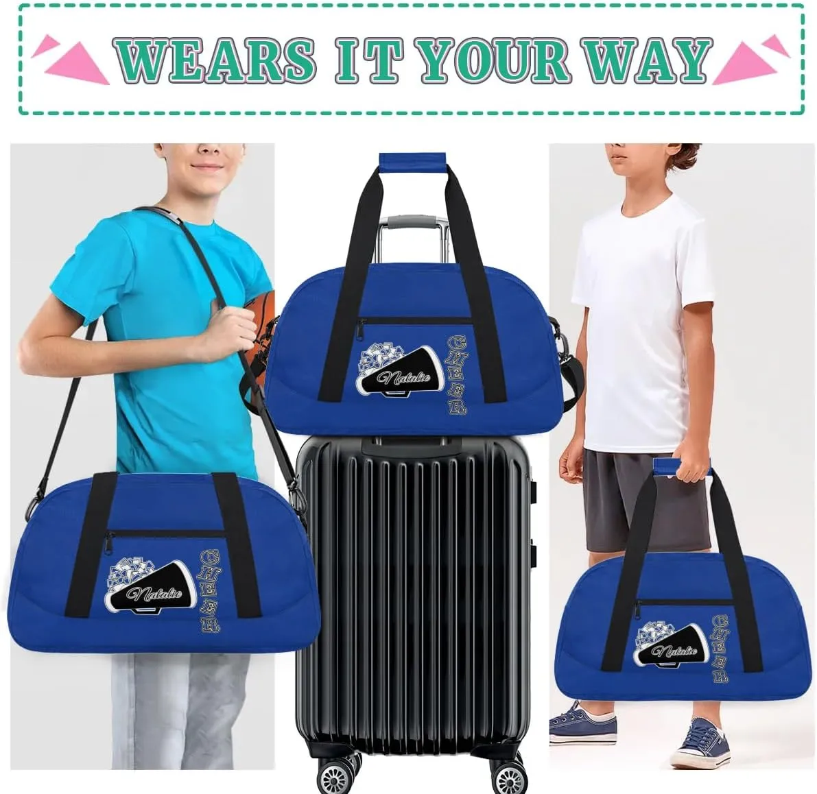 Personalized Cheerleader Sports Duffel Bags Custom Gymnastics Name Gym Dance Bags Customized Cheer Ballet Gift Overnight Weekender Bag, Cobalt Blue