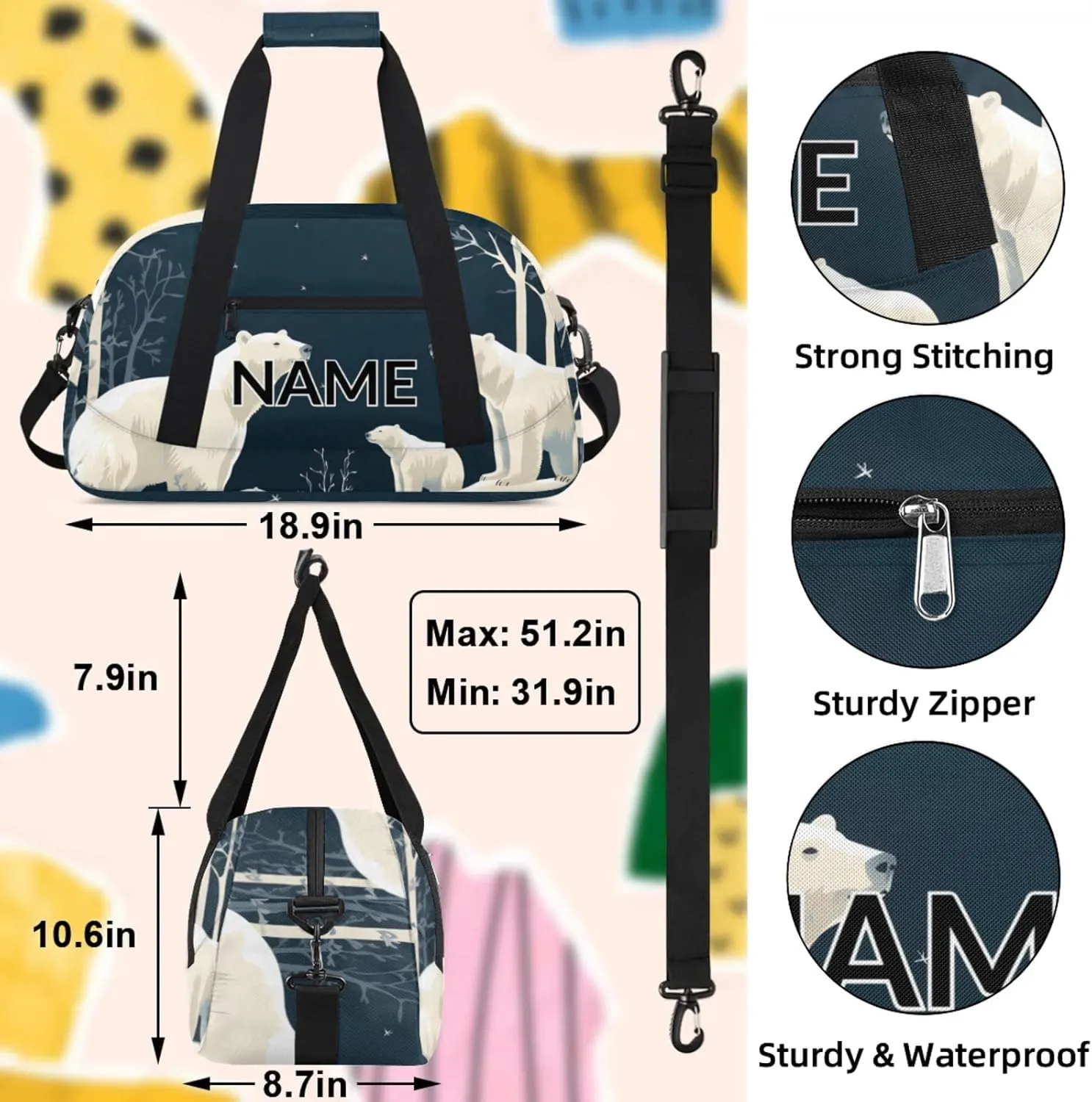 Personalized Custom Bear Forest Rustic Gym Bag for Women Men Carry on Travel Duffel Tote Farmhouse Animal Overnight Workout Weekender Bag
