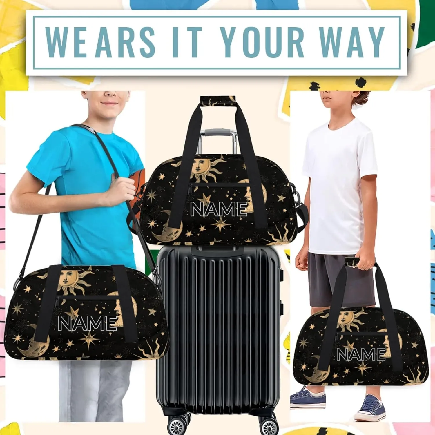Personalized Custom Boho Moon Sun Gym Bag for Women Men Carry on Travel Duffel Tote Mysterious Aesthetic Overnight Workout Weekender Bag