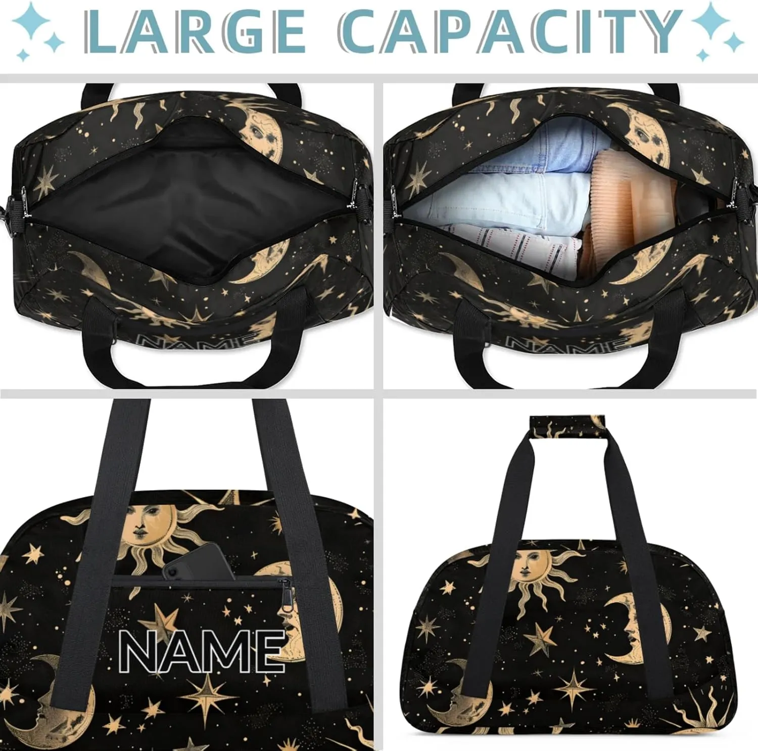 Personalized Custom Boho Moon Sun Gym Bag for Women Men Carry on Travel Duffel Tote Mysterious Aesthetic Overnight Workout Weekender Bag