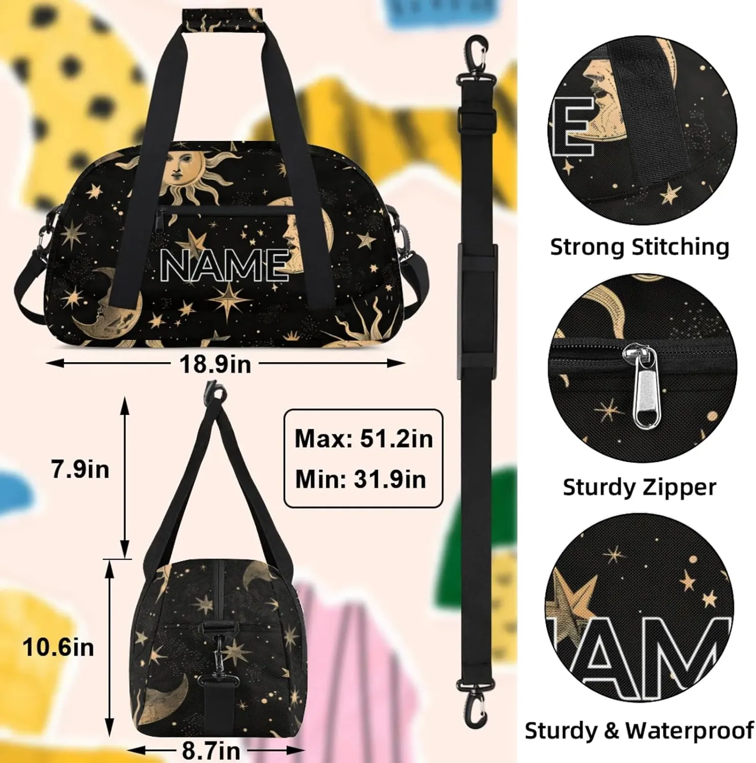 Personalized Custom Boho Moon Sun Gym Bag for Women Men Carry on Travel Duffel Tote Mysterious Aesthetic Overnight Workout Weekender Bag