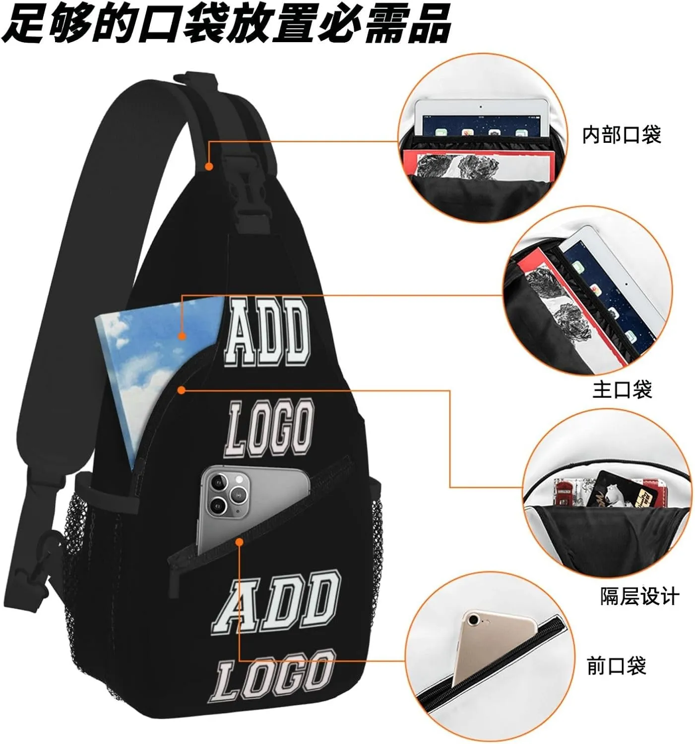 Personalized Custom Chest bags for Women and Men add your Picture Or Text design personalized leisure Sports Crossbody bag Black