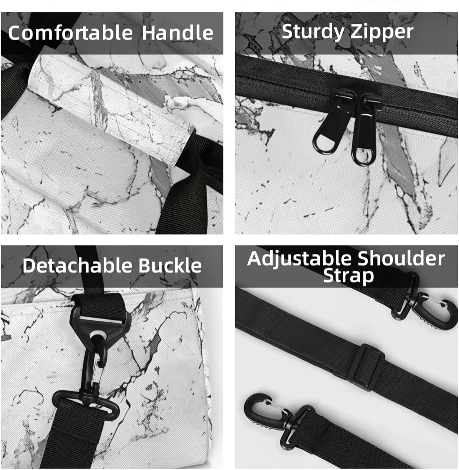 Personalized Custom Grey White Marble Gym Bag for Women Men Carry on Travel Duffel Tote Marble Overnight Workout Weekender Bag