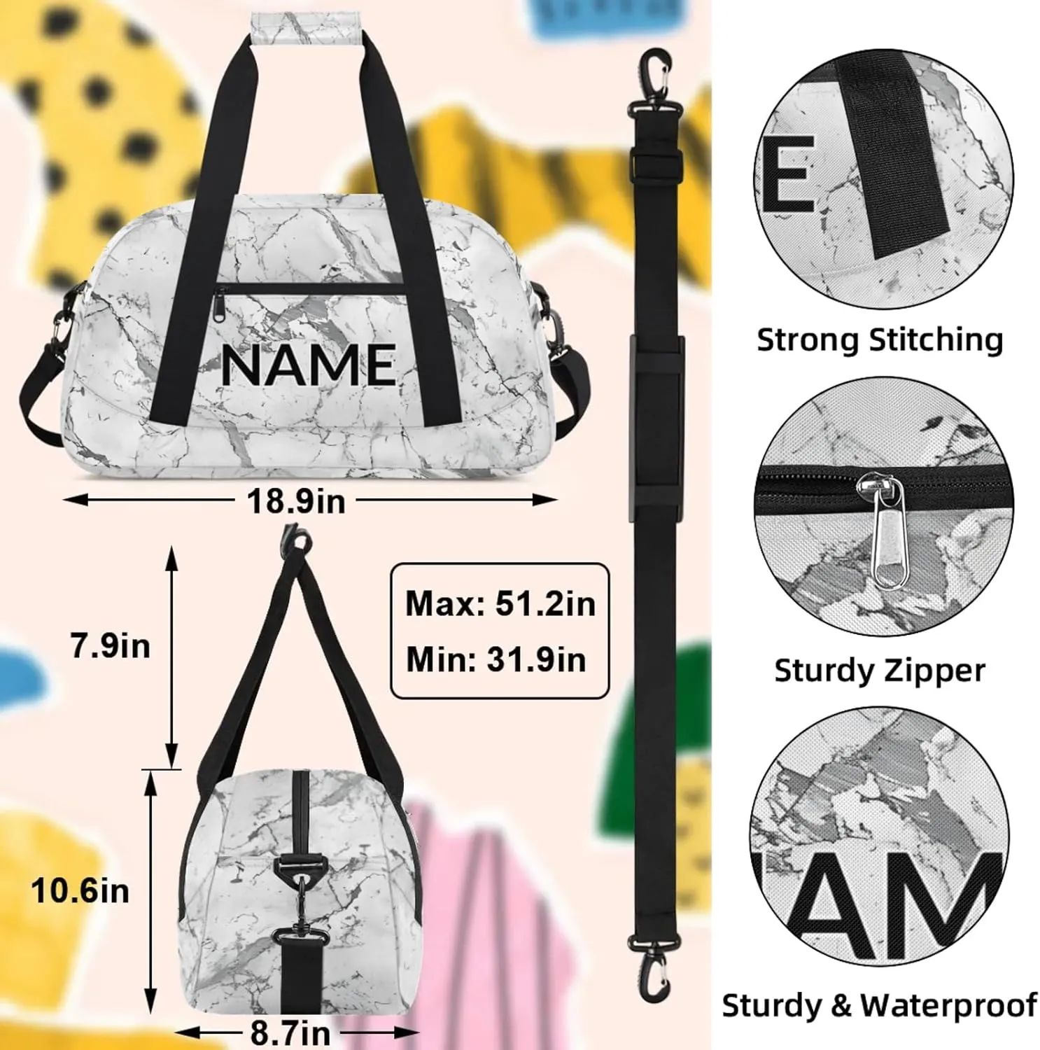 Personalized Custom Grey White Marble Gym Bag for Women Men Carry on Travel Duffel Tote Marble Overnight Workout Weekender Bag