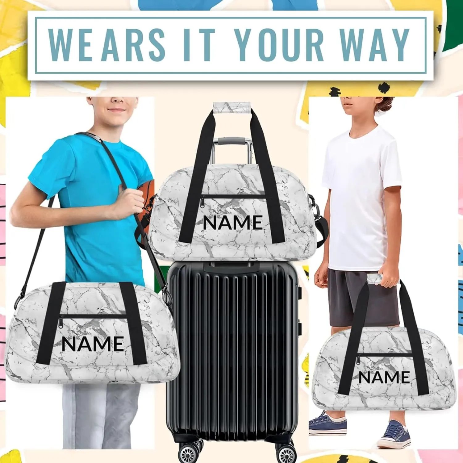 Personalized Custom Grey White Marble Gym Bag for Women Men Carry on Travel Duffel Tote Marble Overnight Workout Weekender Bag