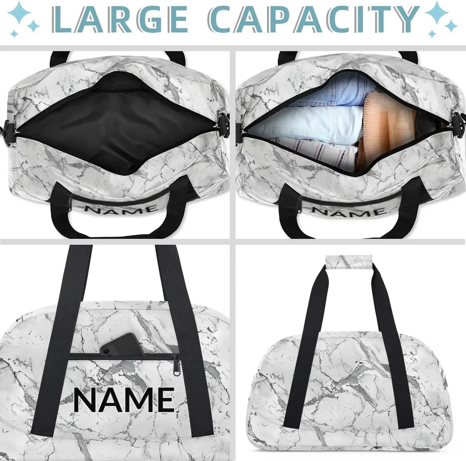 Personalized Custom Grey White Marble Gym Bag for Women Men Carry on Travel Duffel Tote Marble Overnight Workout Weekender Bag