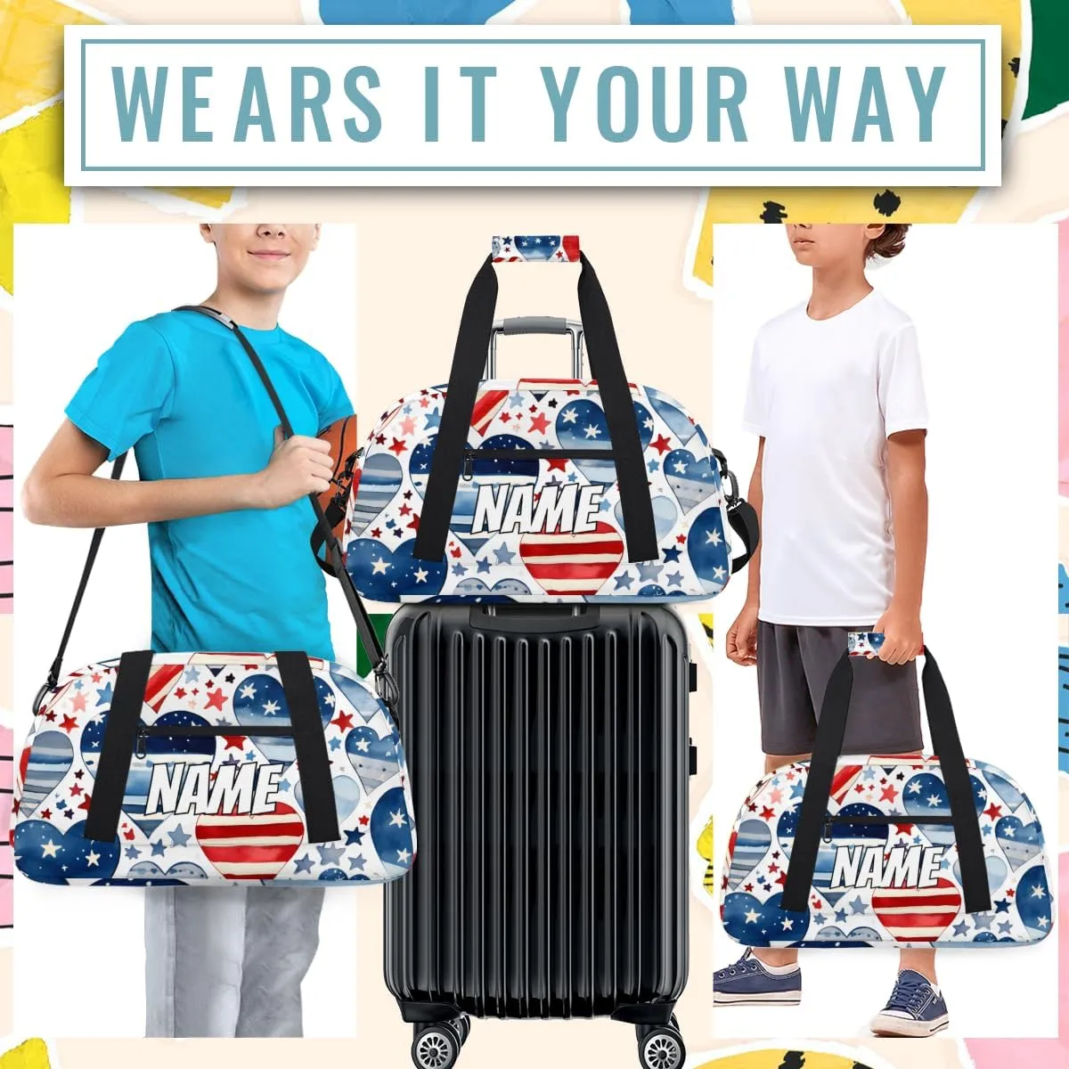 Personalized Custom Gym Bag for Women Men Carry on 4th of July Heart Travel Duffel Tote America Memorial Day Overnight Workout Weekender Bag