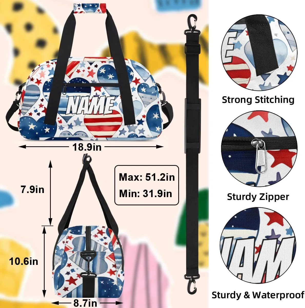 Personalized Custom Gym Bag for Women Men Carry on 4th of July Heart Travel Duffel Tote America Memorial Day Overnight Workout Weekender Bag