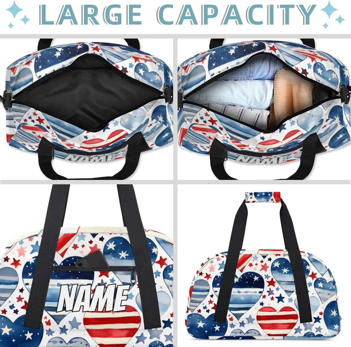 Personalized Custom Gym Bag for Women Men Carry on 4th of July Heart Travel Duffel Tote America Memorial Day Overnight Workout Weekender Bag