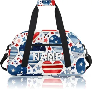 Personalized Custom Gym Bag for Women Men Carry on 4th of July USA Flag Travel Duffel Tote Heart Star Overnight Workout Weekender Bag