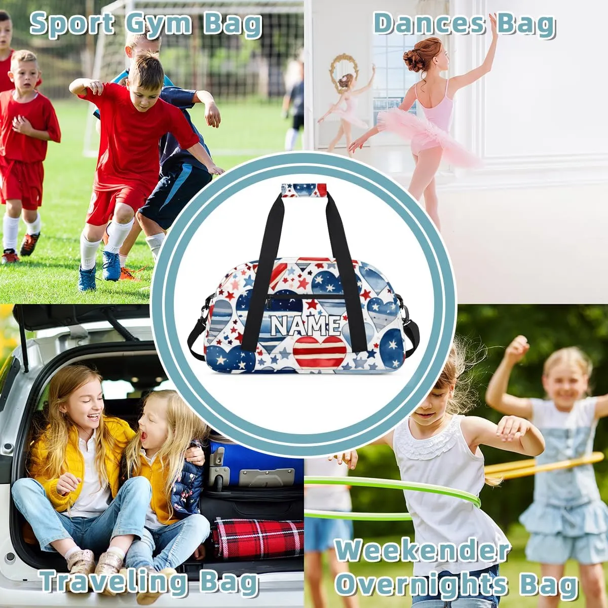 Personalized Custom Gym Bag for Women Men Carry on 4th of July USA Flag Travel Duffel Tote Heart Star Overnight Workout Weekender Bag