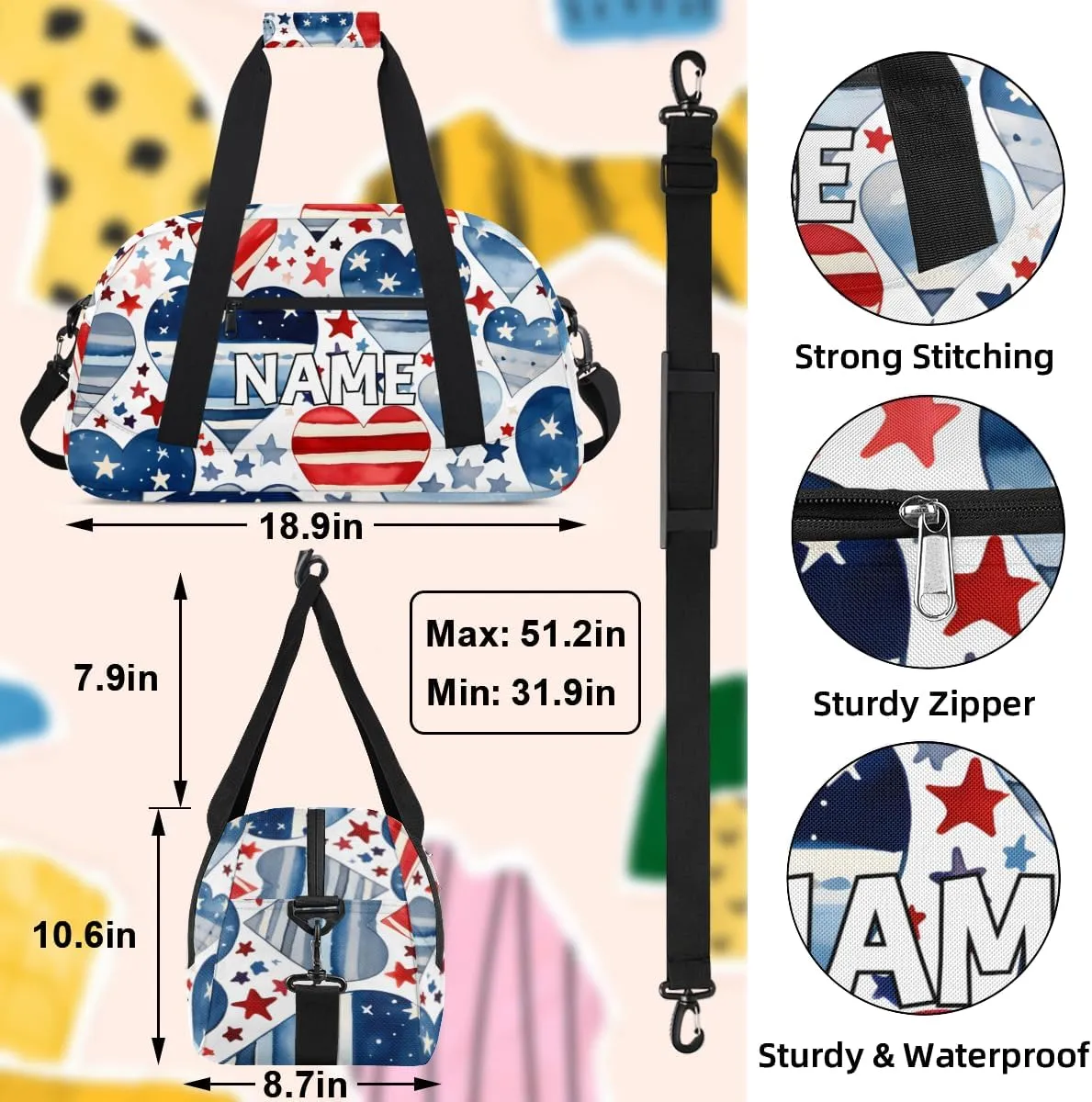 Personalized Custom Gym Bag for Women Men Carry on 4th of July USA Flag Travel Duffel Tote Heart Star Overnight Workout Weekender Bag