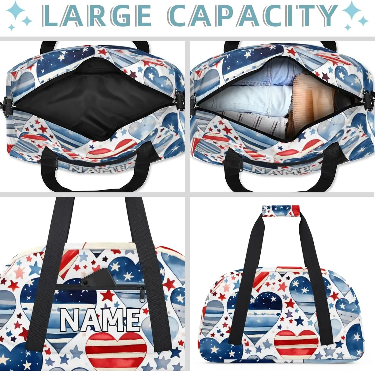 Personalized Custom Gym Bag for Women Men Carry on 4th of July USA Flag Travel Duffel Tote Heart Star Overnight Workout Weekender Bag