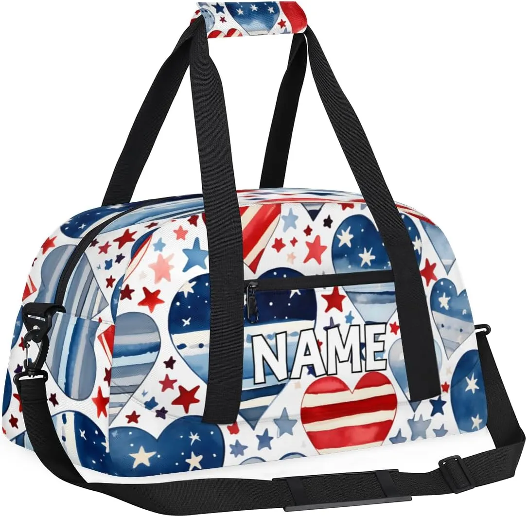 Personalized Custom Gym Bag for Women Men Carry on 4th of July USA Flag Travel Duffel Tote Heart Star Overnight Workout Weekender Bag