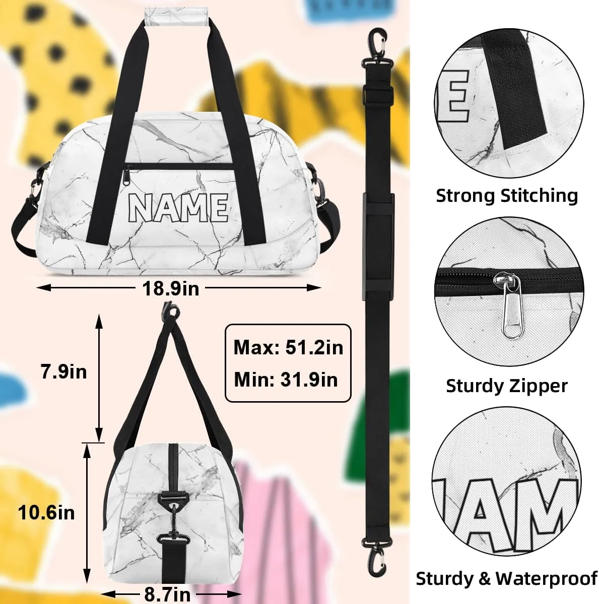 Personalized Custom Gym Bag for Women Men Carry on Abstract Marble Travel Duffel Tote White Grey Marble Overnight Workout Weekender Bag