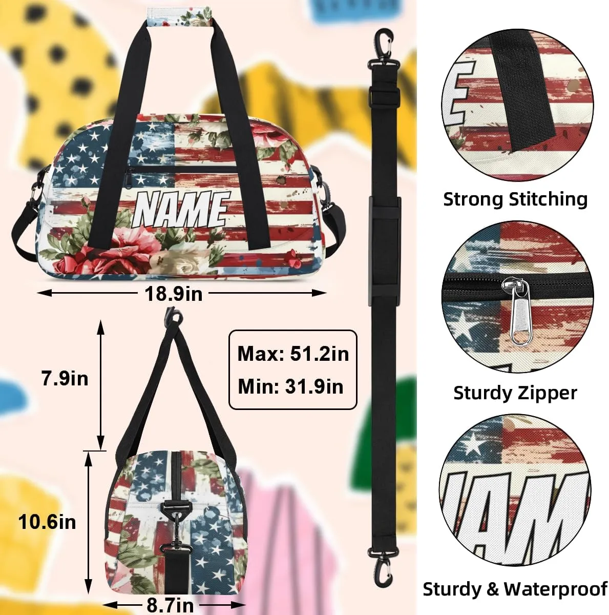 Personalized Custom Gym Bag for Women Men Carry on American Flag Travel Duffel Tote Red Roses Overnight Workout Weekender Bag
