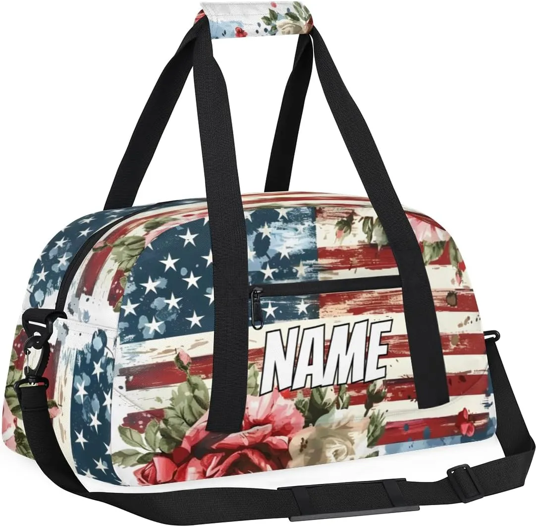 Personalized Custom Gym Bag for Women Men Carry on American Flag Travel Duffel Tote Red Roses Overnight Workout Weekender Bag