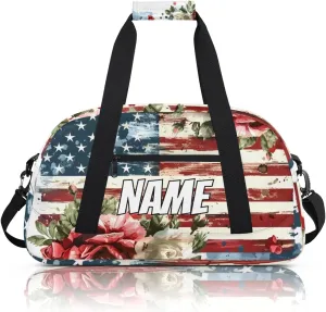 Personalized Custom Gym Bag for Women Men Carry on American Flag Travel Duffel Tote Red Roses Overnight Workout Weekender Bag