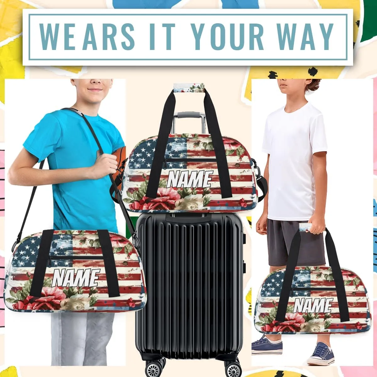 Personalized Custom Gym Bag for Women Men Carry on American Flag Travel Duffel Tote Red Roses Overnight Workout Weekender Bag