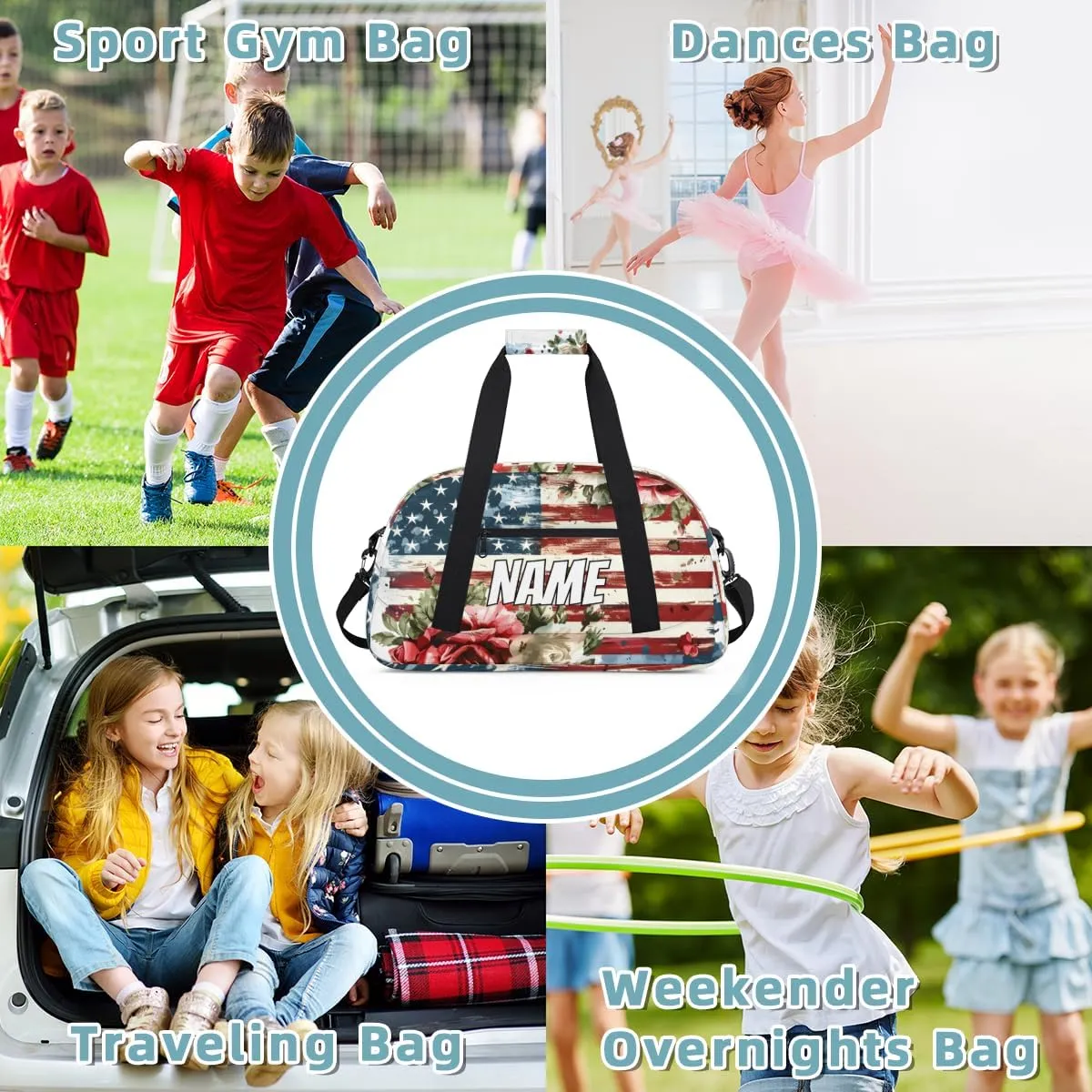 Personalized Custom Gym Bag for Women Men Carry on American Flag Travel Duffel Tote Red Roses Overnight Workout Weekender Bag