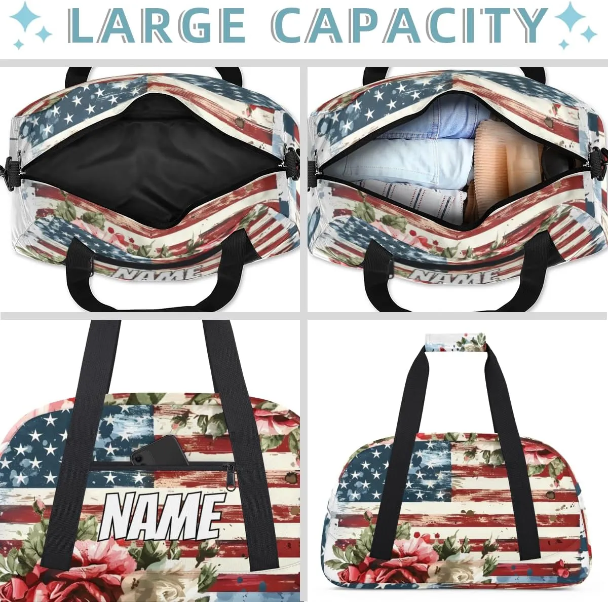 Personalized Custom Gym Bag for Women Men Carry on American Flag Travel Duffel Tote Red Roses Overnight Workout Weekender Bag